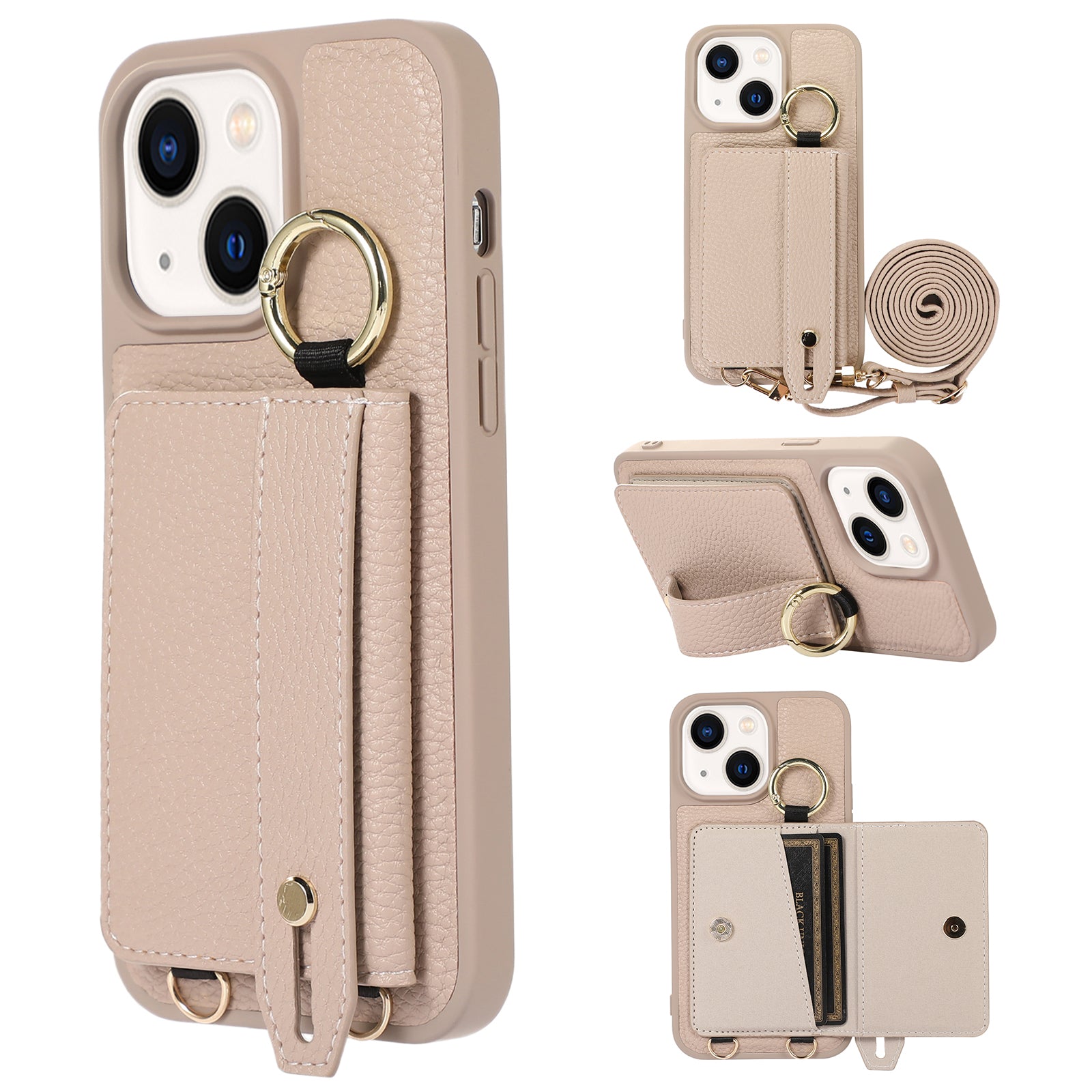 Anti-drop Cover for iPhone 14 Plus Card Holder Hand Strap Leather TPU Phone Kickstand Case with Shoulder Strap Anti-drop Cover for iPhone 14 Plus Card Holder Hand Strap Leather TPU Phone Kickstand Case with Shoulder Strap